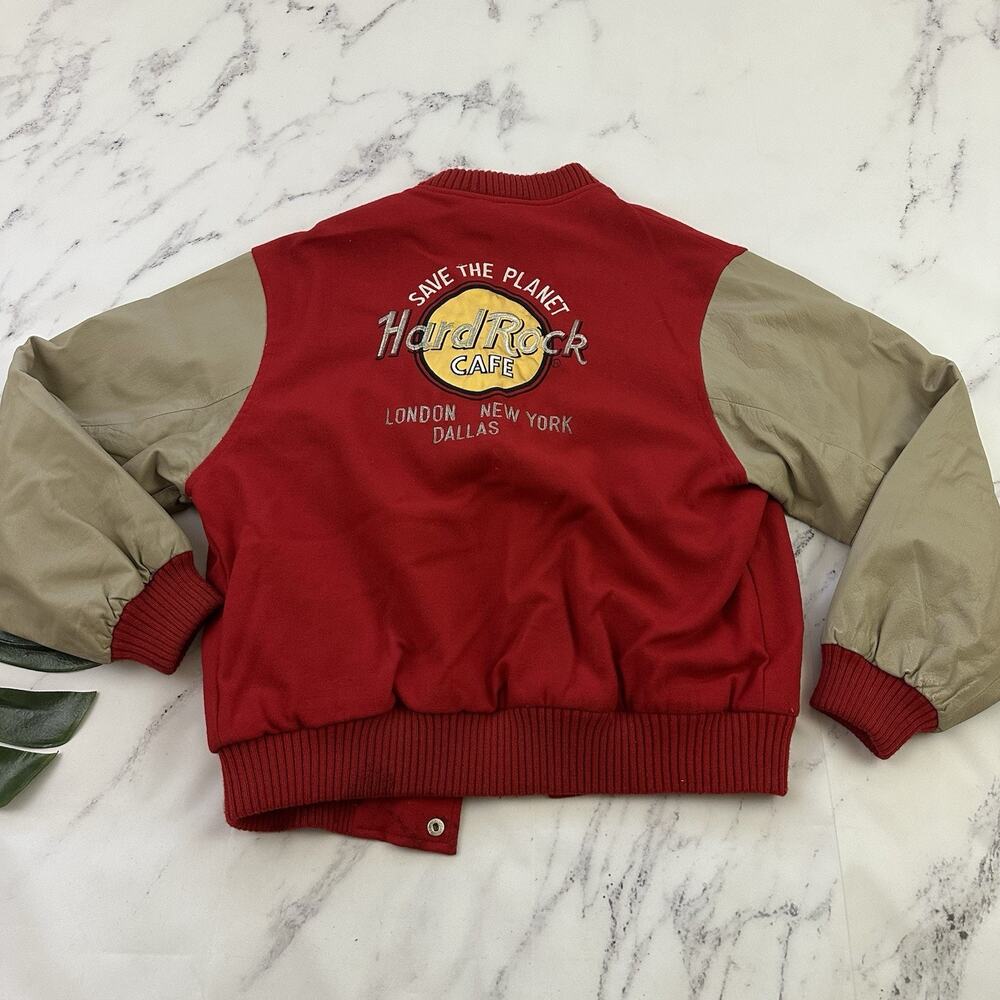 Hard Rock Cafe Mens Vintage Letterman Varsity Jacket Size M Red London Leather